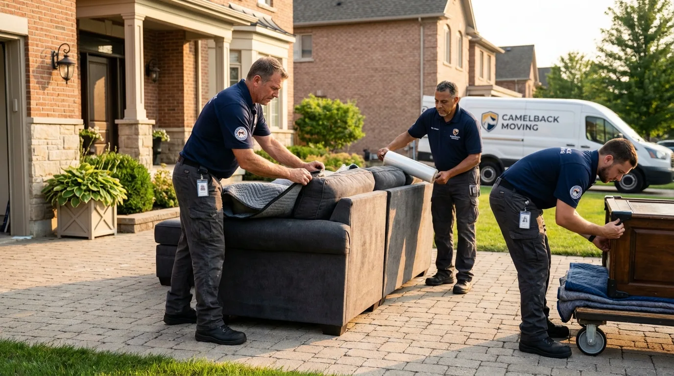 Large estate moving crew wrapping furniture in Akron, IA