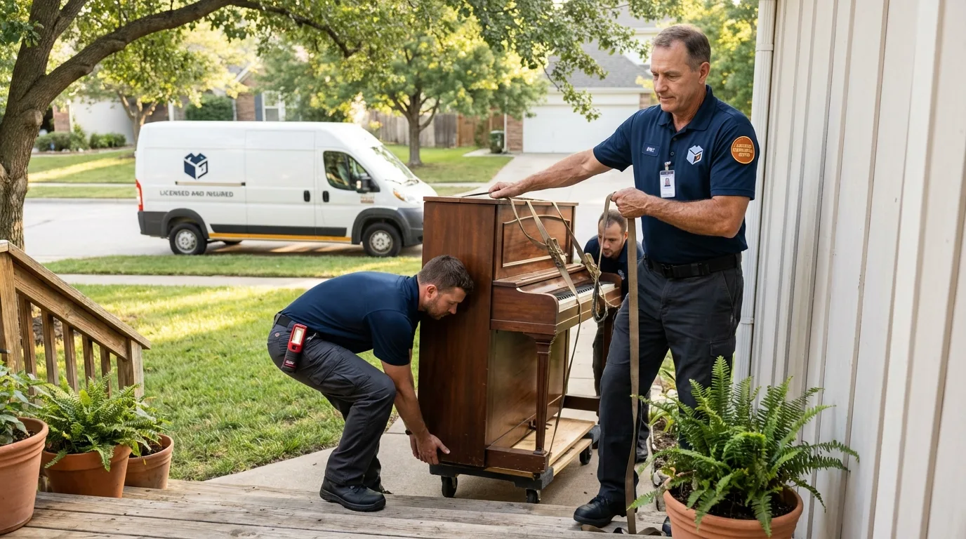 Licensed piano movers securing grand piano in Akron, IA