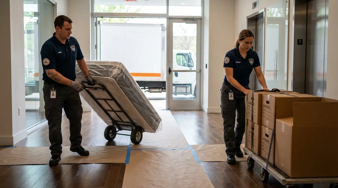 Professional apartment movers loading elevator in Akron, IA