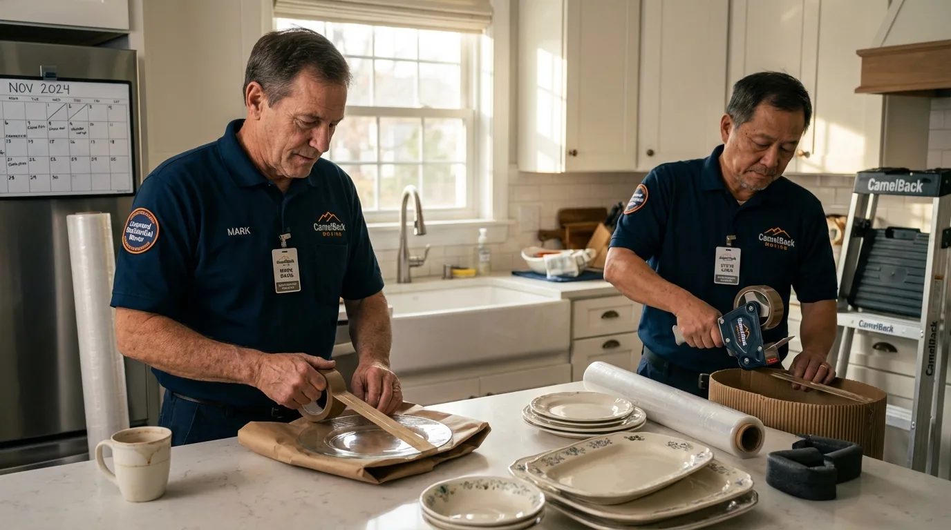 Professional crew packing kitchen dishware in Akron, IA
